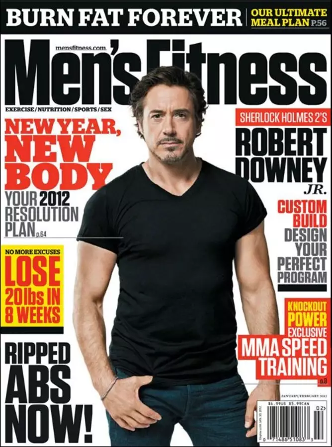 Robert Downey Junior di majalah kebugaran pria. Januari / Februari 2012