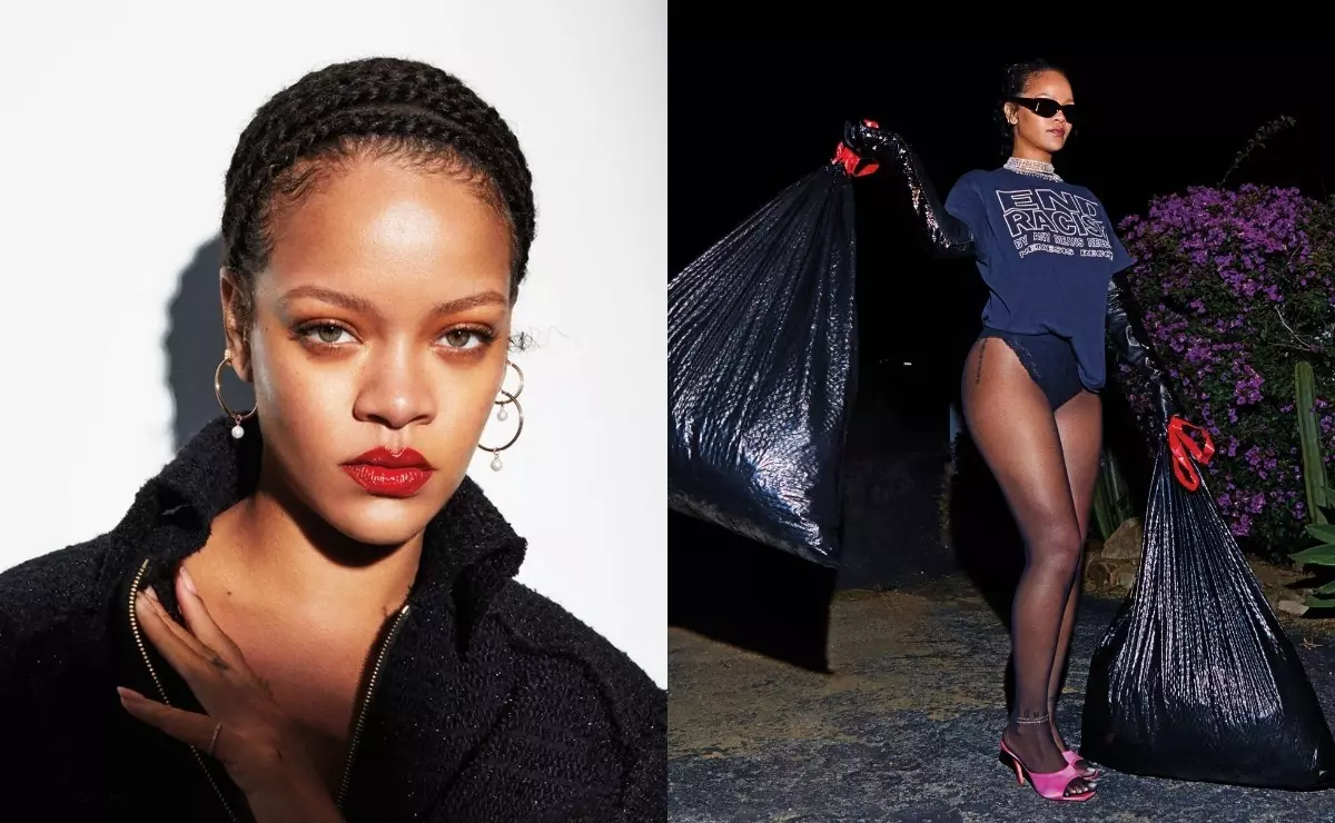 Met vuilnispakketten. Opmerking: Rihanna versierde Cover Harper's Bazaar