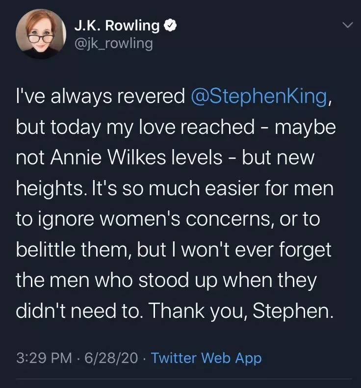 Forfatteren av Harry Potter slettet et kompliment til Stephen King på grunn av støtte fra Transgender 19975_1