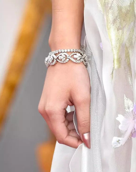 Closeup: Manicure and decorations of stars with a red carpet 