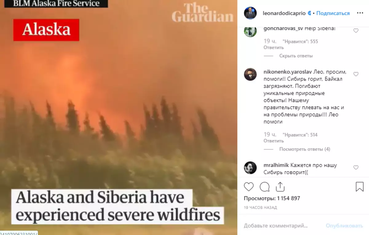 Leonardo Dicaprio het aandag gevestig op bosbrande in Siberië 31076_2