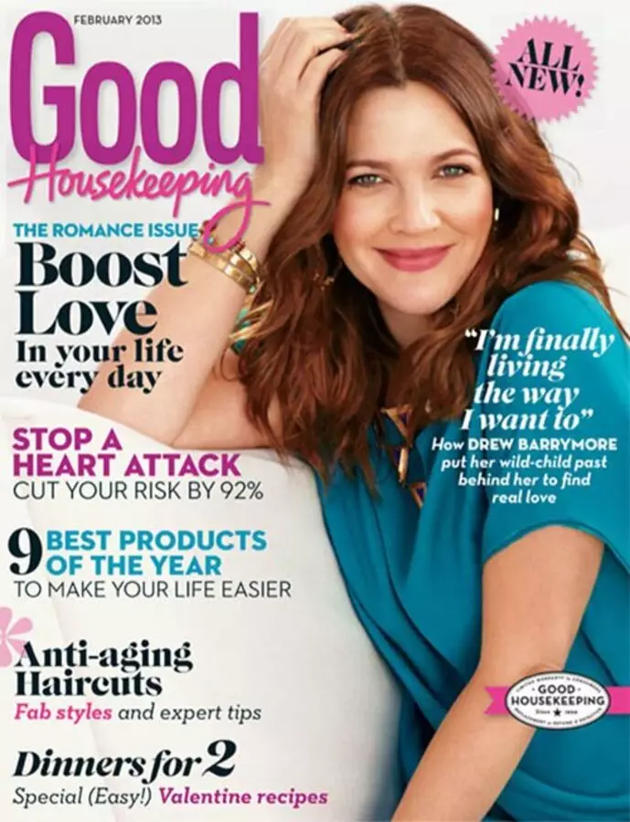 Drew Barrymore in die tydskrif Good Housekeeping. Februarie 2013