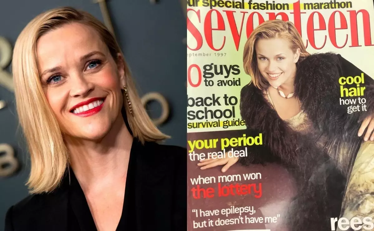 Reese Witherspoon menunjukkan sampul majalah, yang dihiasi 23 tahun yang lalu