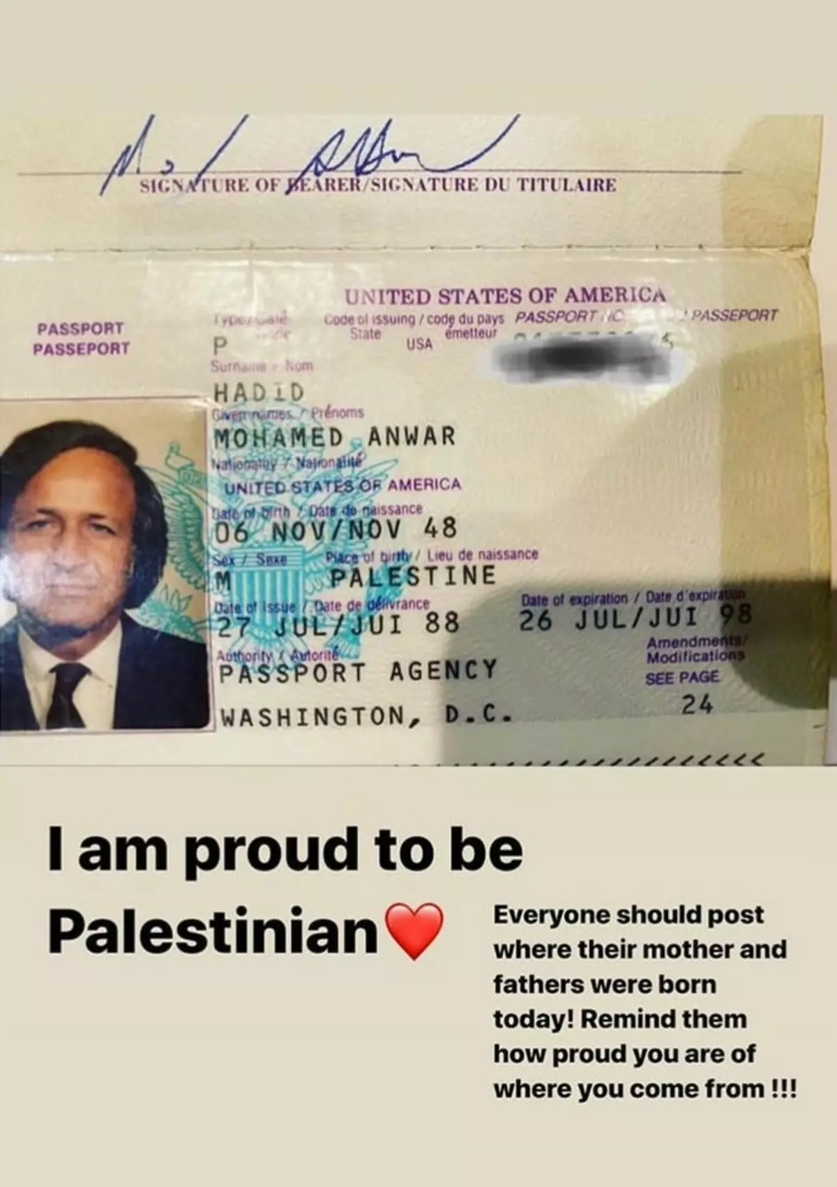 Белла Хадид Инстаграмны әтисе паспорты фотосын алып китте: 
