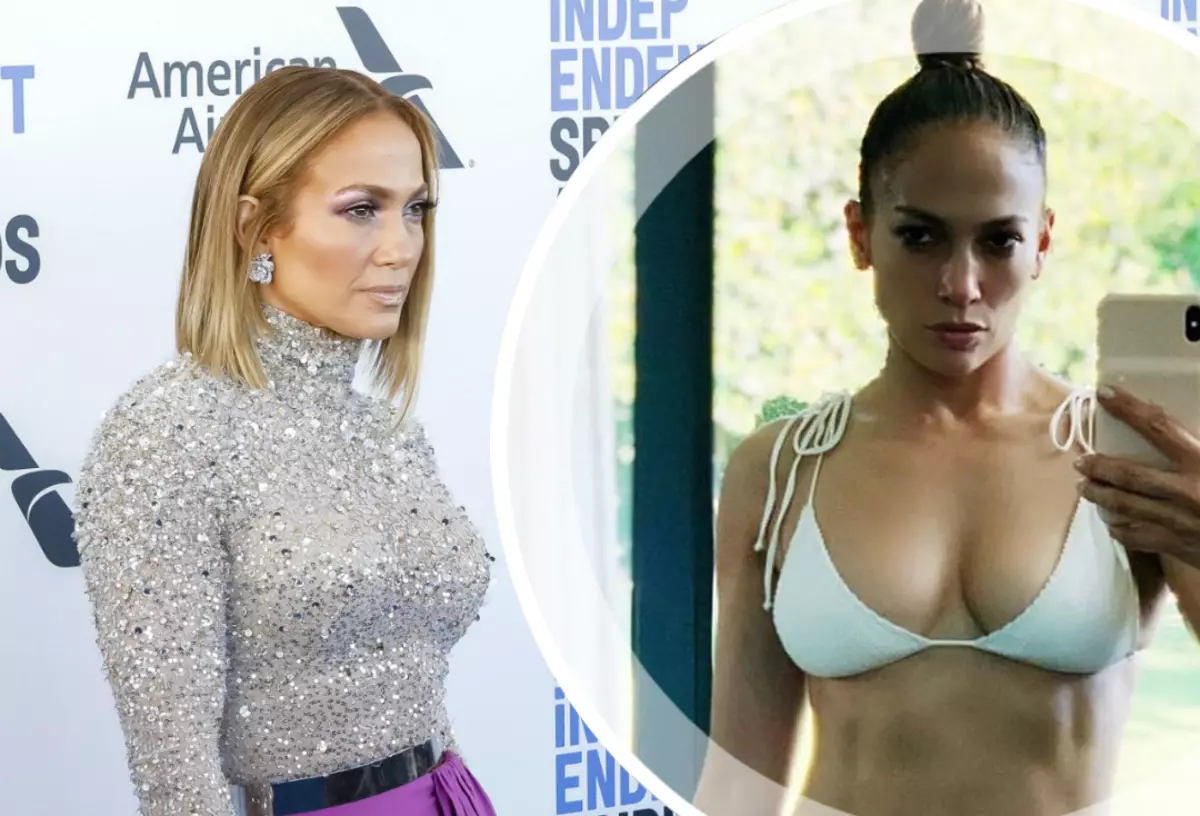 Foto: Jennifer Lopez de 50 anos com uma figura de esportes em biquíni